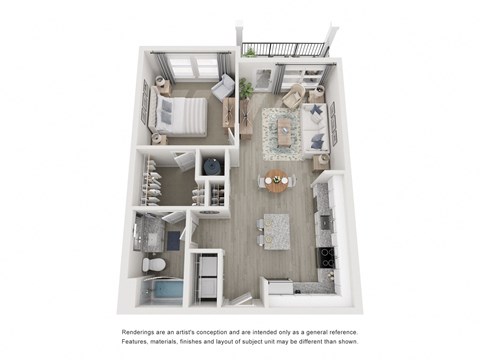 a stylized view of a 1 bedroom floor plan with a bathroom and a balcony